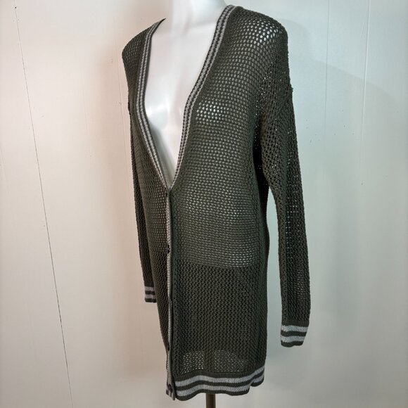 American Eagle Cardigan Medium Green Longline Varsity Open-Knit Sweater Cotton - Picture 3 of 8